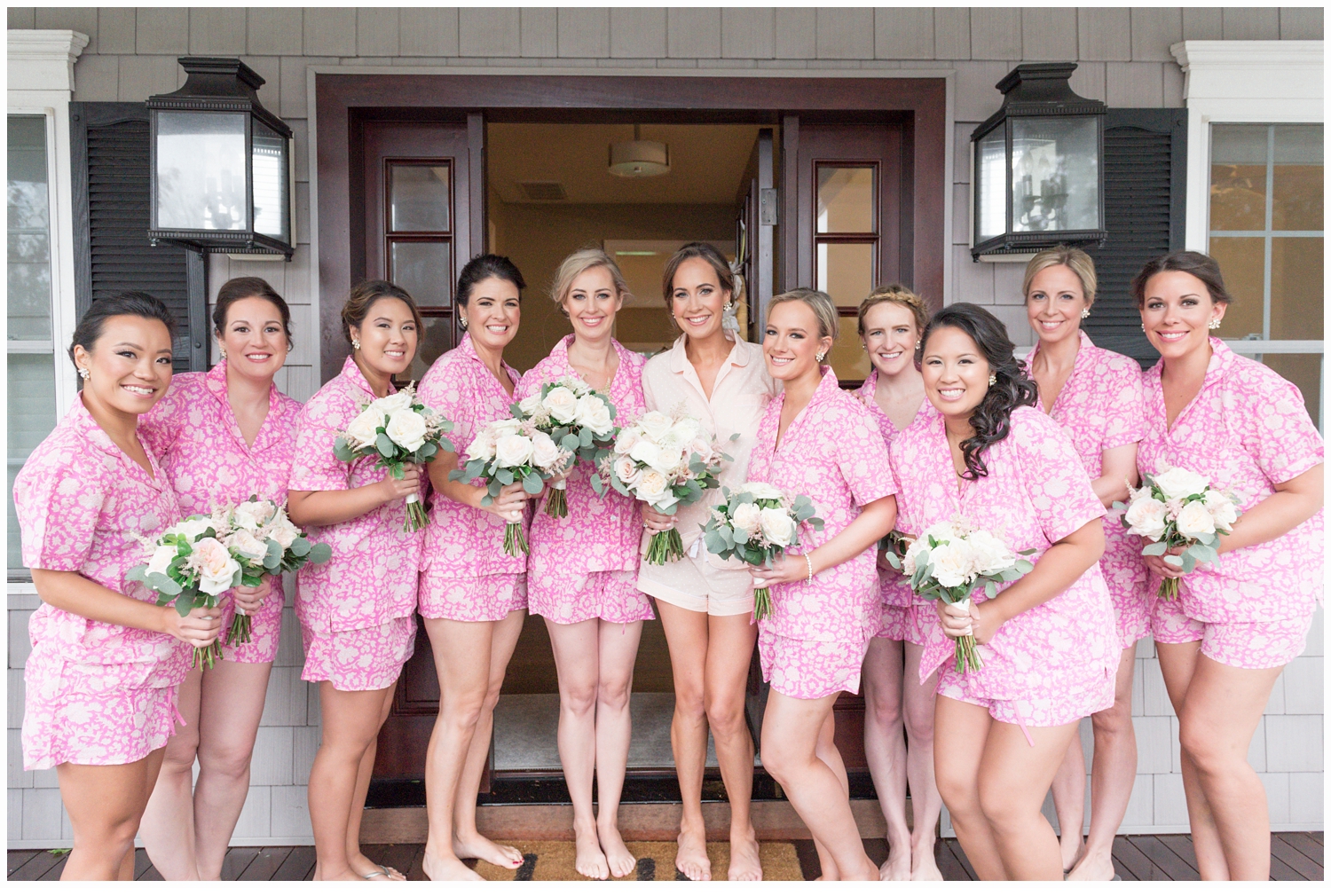 bridesmaids in pink robes at house at jersey shore