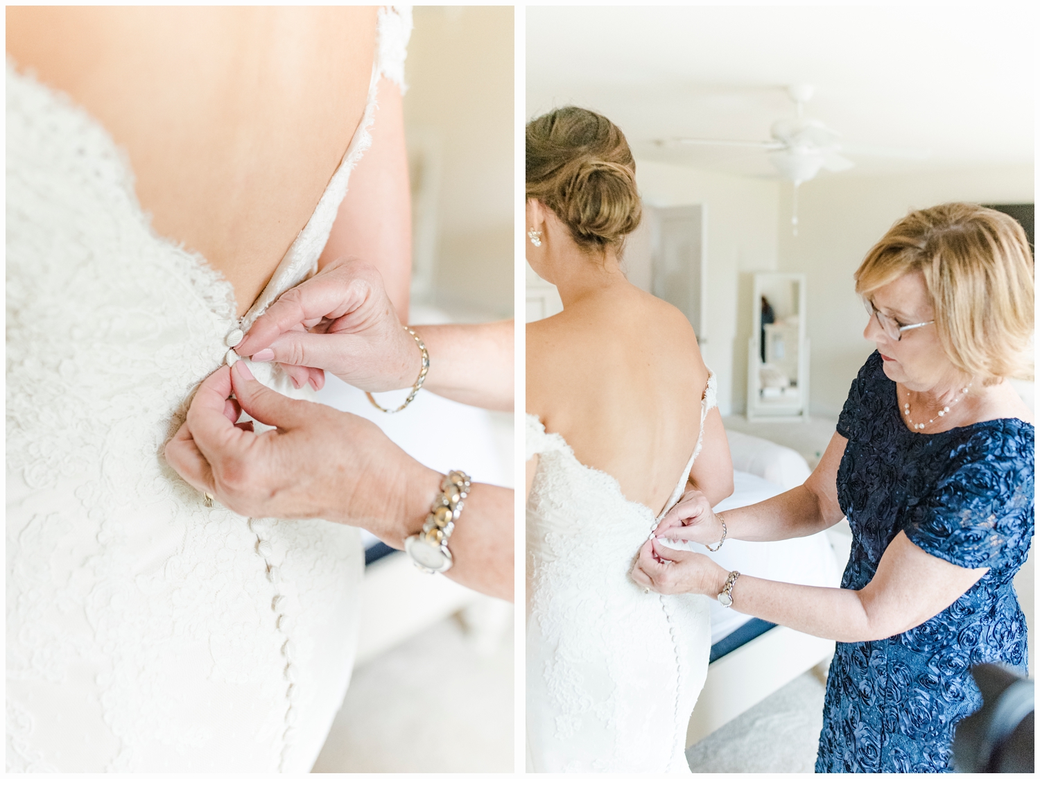 mom zipping up daughter's wedding dress