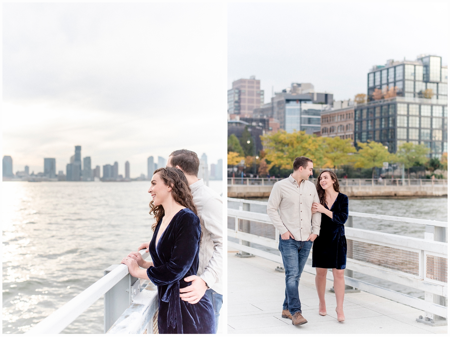 engaged couple looking at the hudson river in tribeca