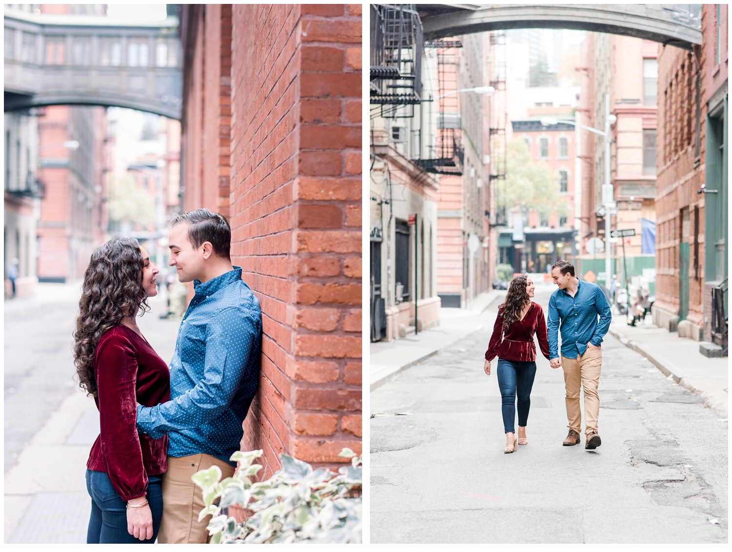 couple holding hands in tribeca walking down street