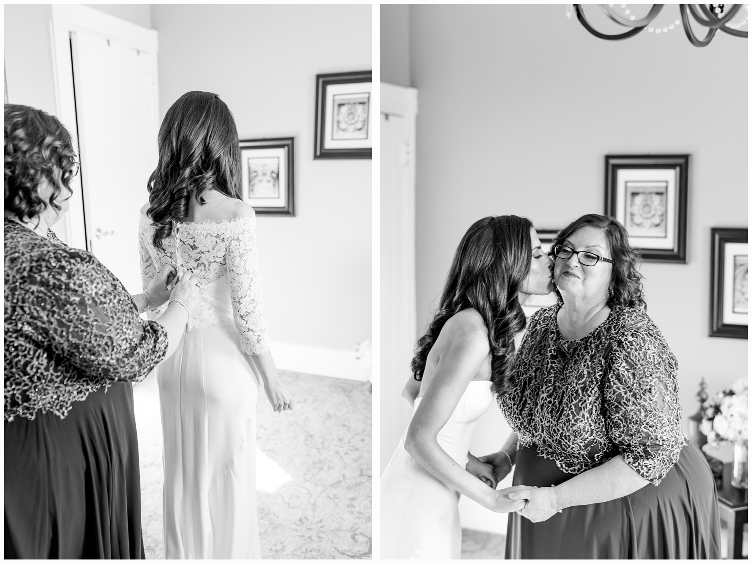 mother and bride hugging on wedding day