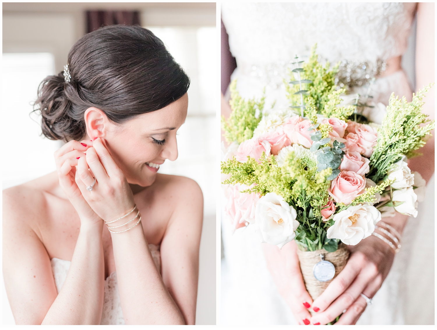 bride putting on earrings on wedding day
