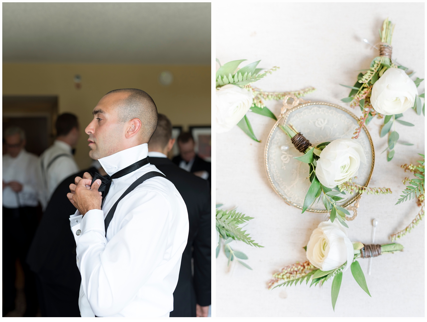 groom putting on his bowtie on wedding day
