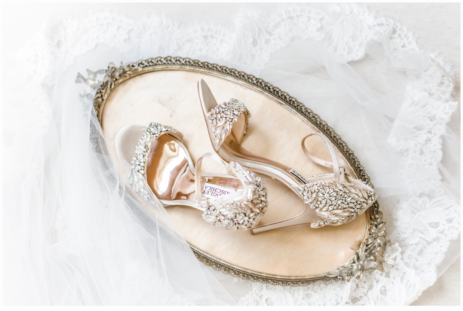 bridal shoes on gold tray