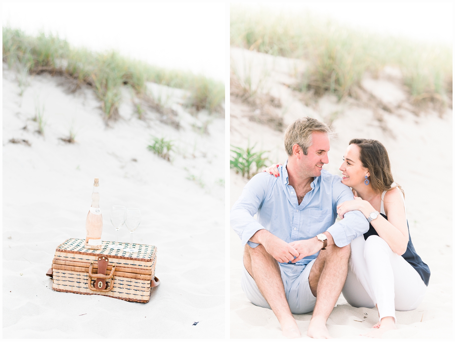 engaged couple having a picnic lunch on the beach