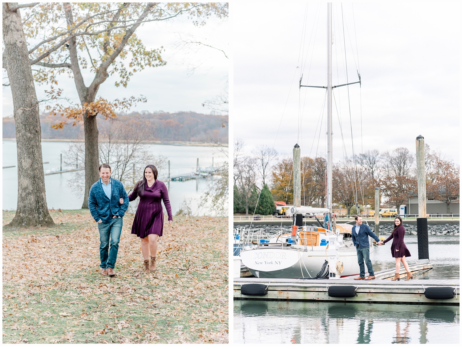 engaged couple at fishing dock holding hands