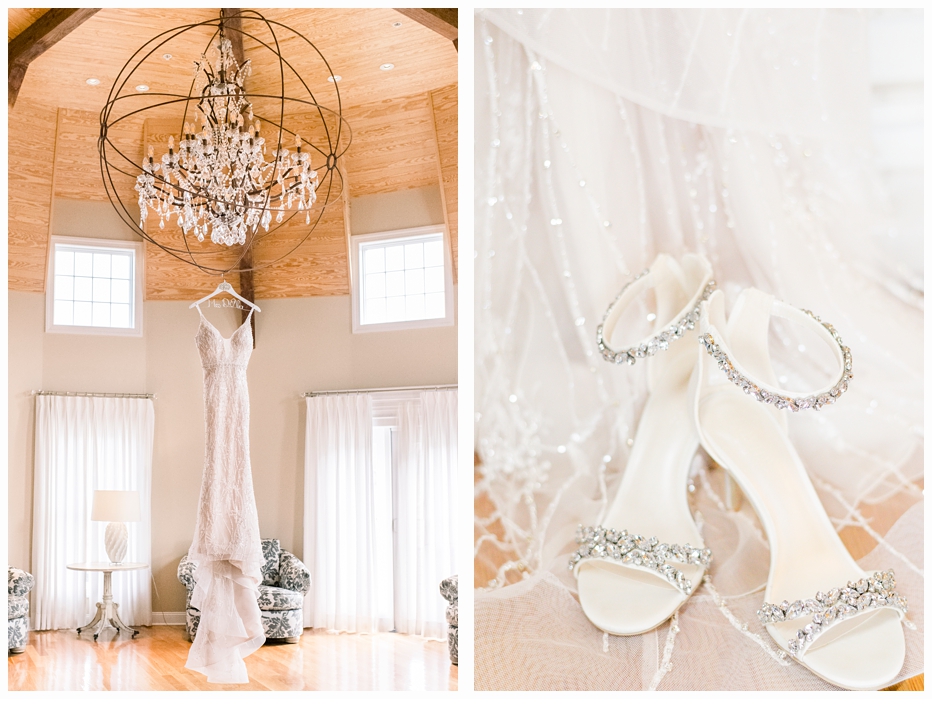 wedding dress hanging from chandelier