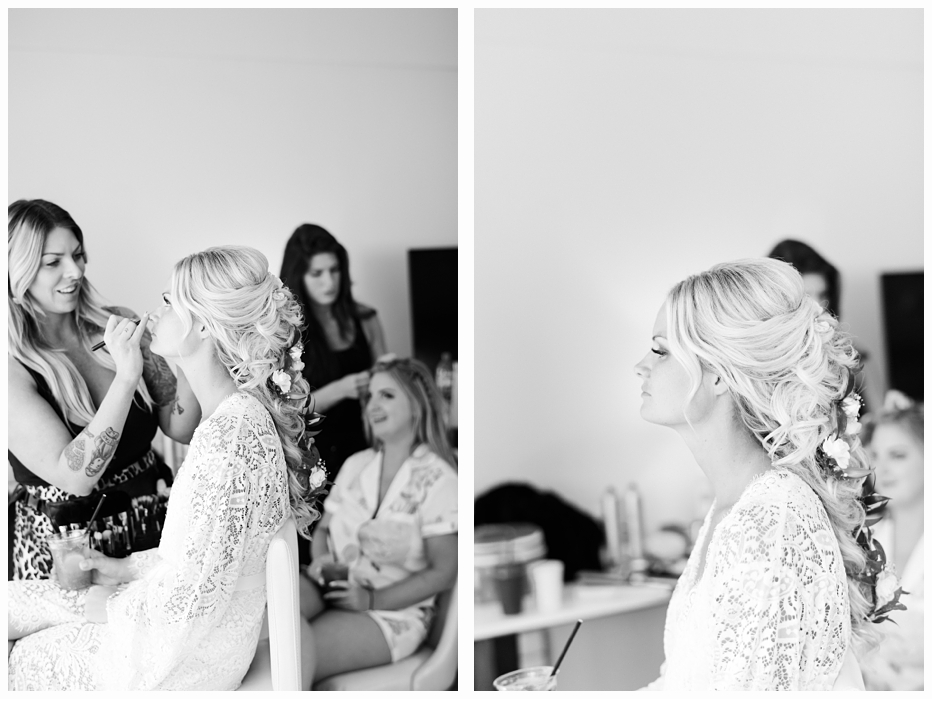 bride having hair and makeup done