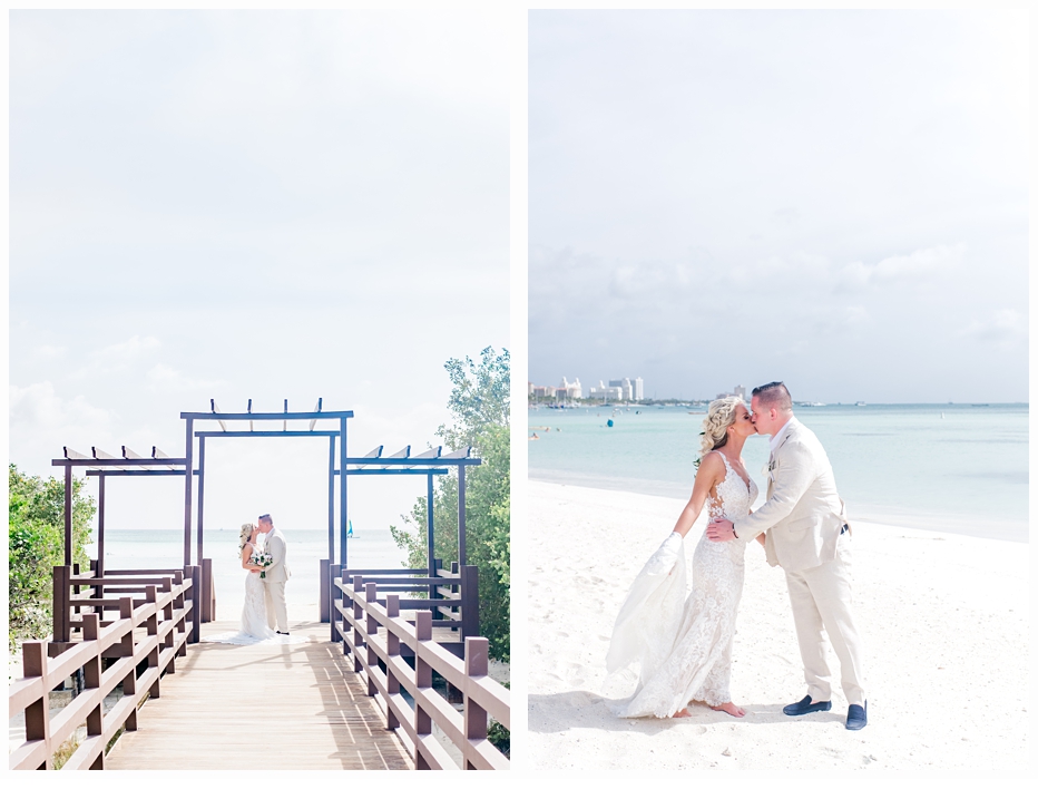 bride and groom on a pier at the beach
