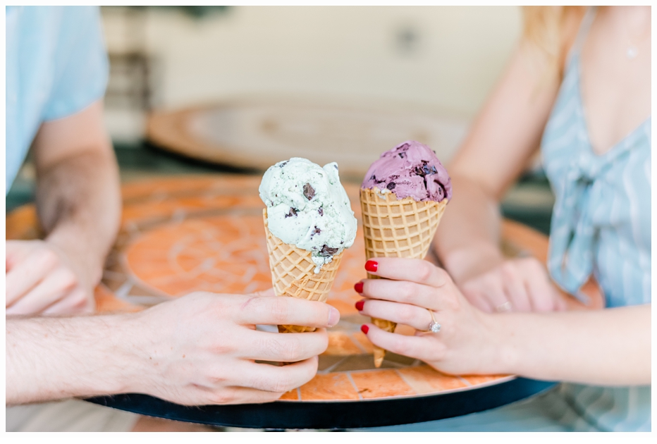 engaged couple eating ice cream cones