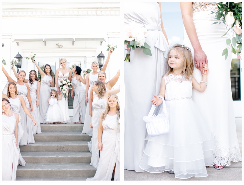 bridal party cheering with bride on steps