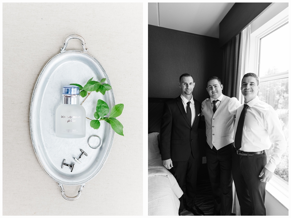 grooms cologne on silver tray and groomsmen in hotel room