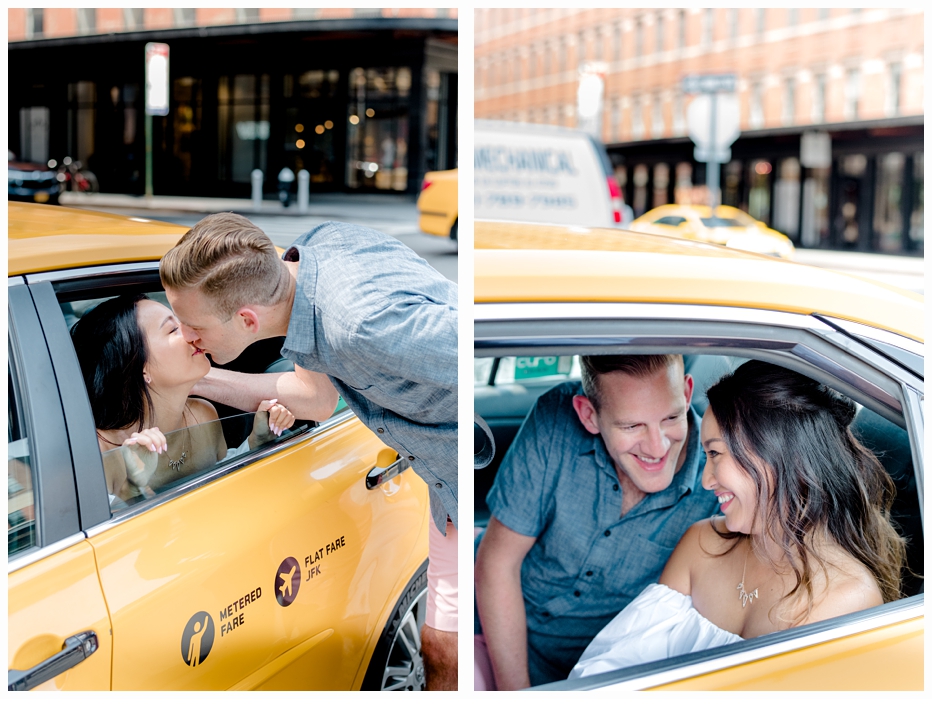 engagement couple in yellow taxi cab kissing
