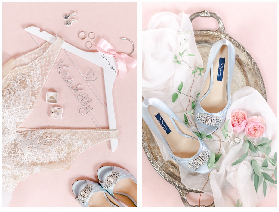 bridal blue shoes on a pretty gold tray