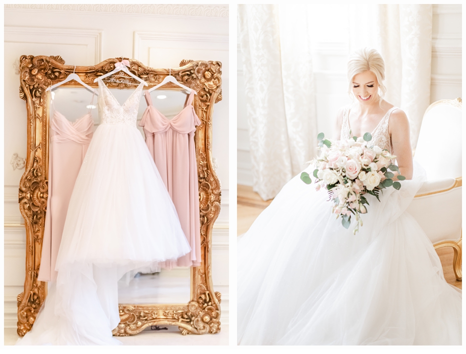 bridal gown hanging on a pretty gold mirror