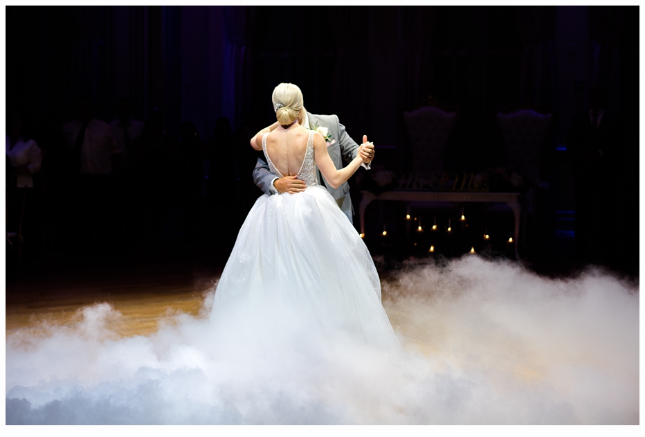 bride and groom dancing in a ballroom