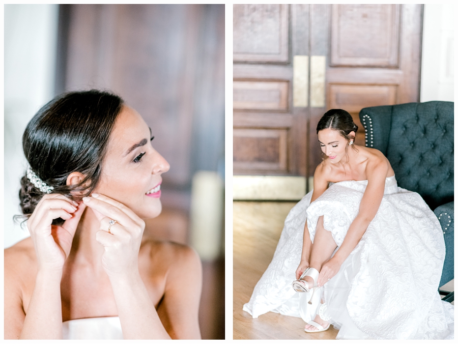 bride putting on her wedding shoes