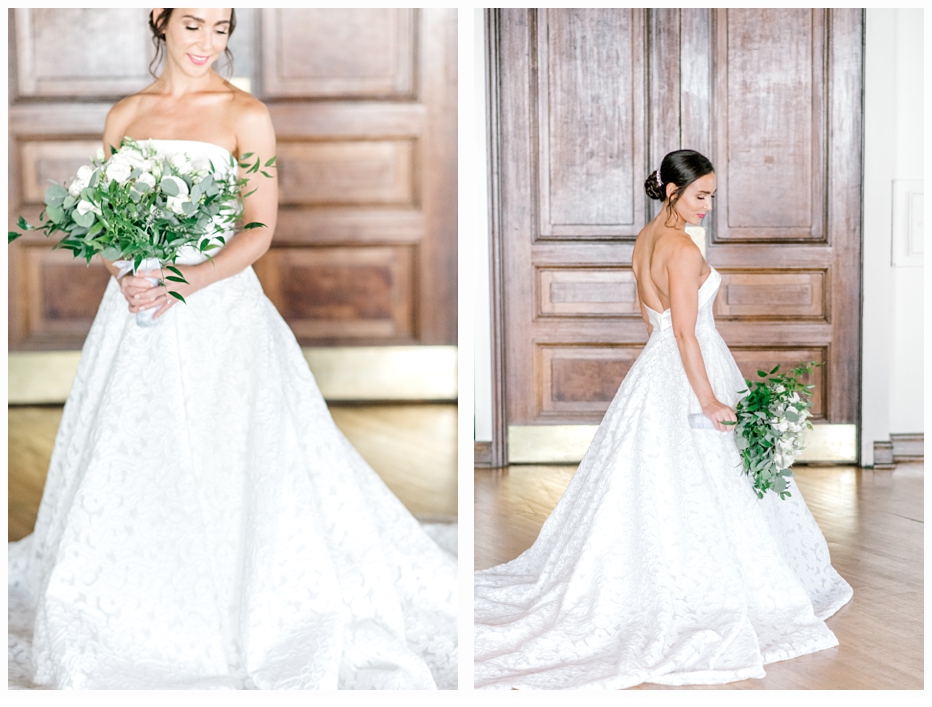 bridal portraits of bride in wedding dress holding bouquet