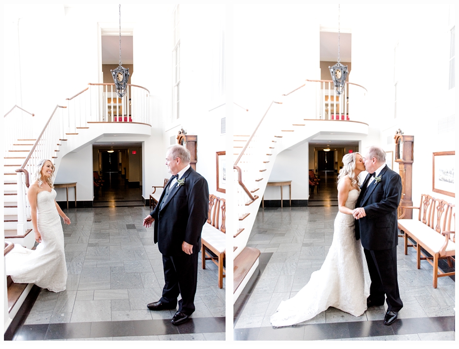 bride and father of the bride seeing each other on wedding day