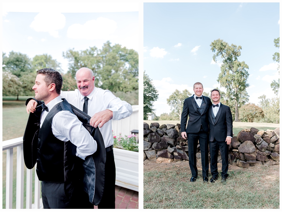 father of the groom helping him put on his jacket