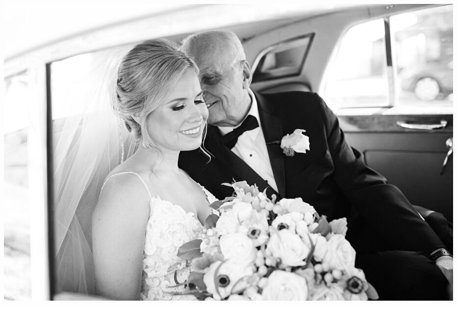 dad kissing bride in rolls royce on the way to the church