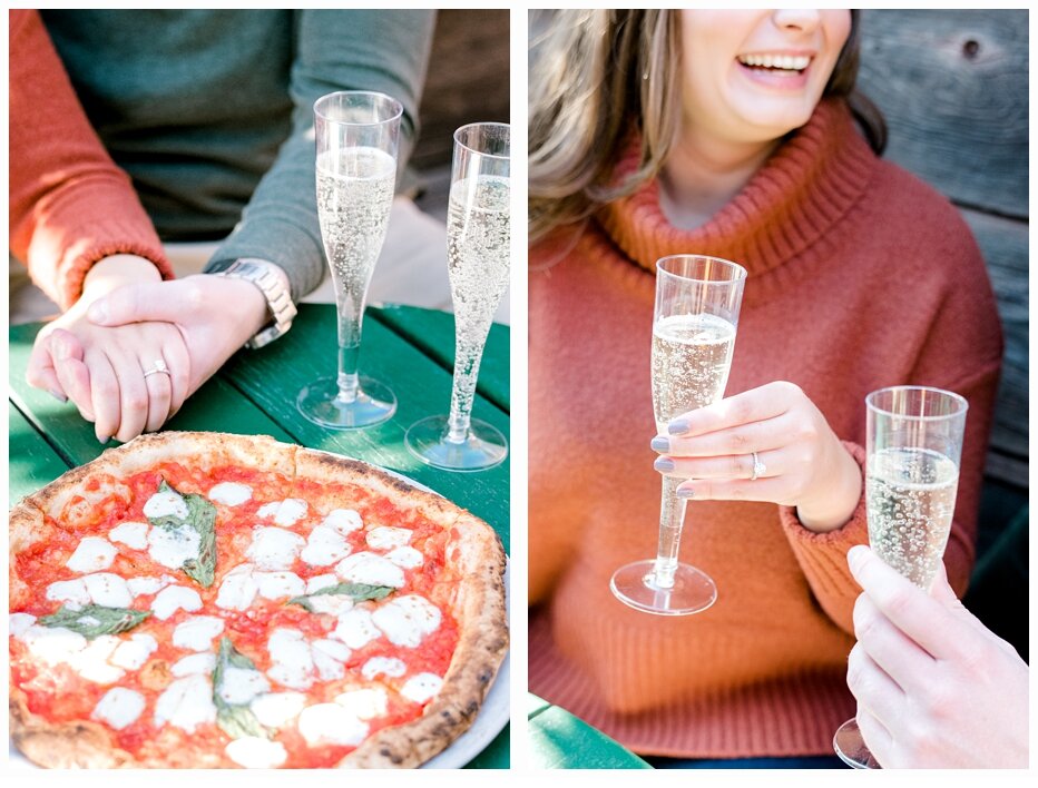 engaged couple sharing a pizza