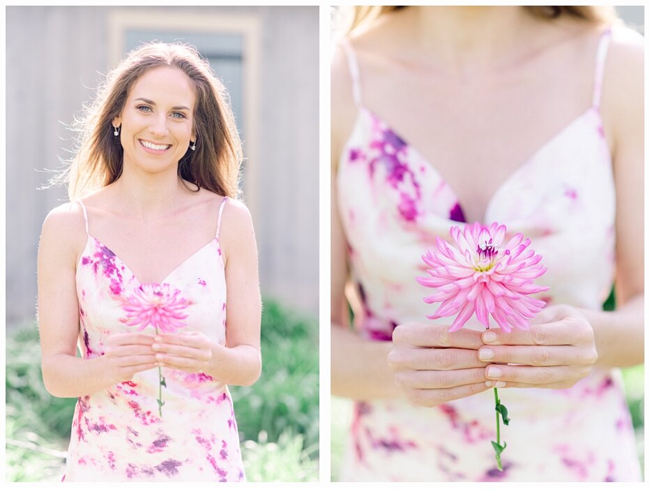 bride to be holding a flower with her engagement ring