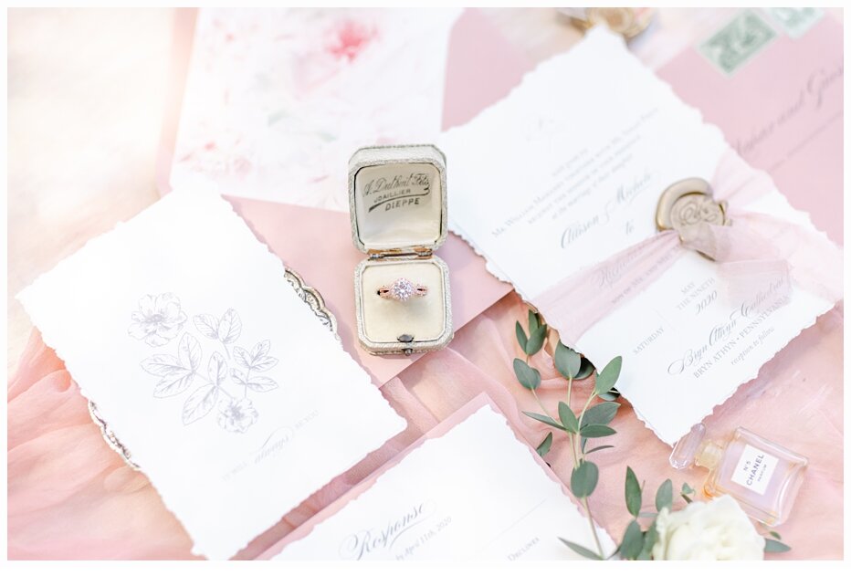 wedding invitation suite with wedding ring in a pretty antique ring box