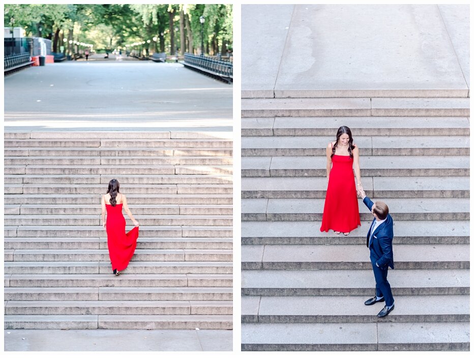 engaged woman and fiance in a pretty red dress on bow bridge