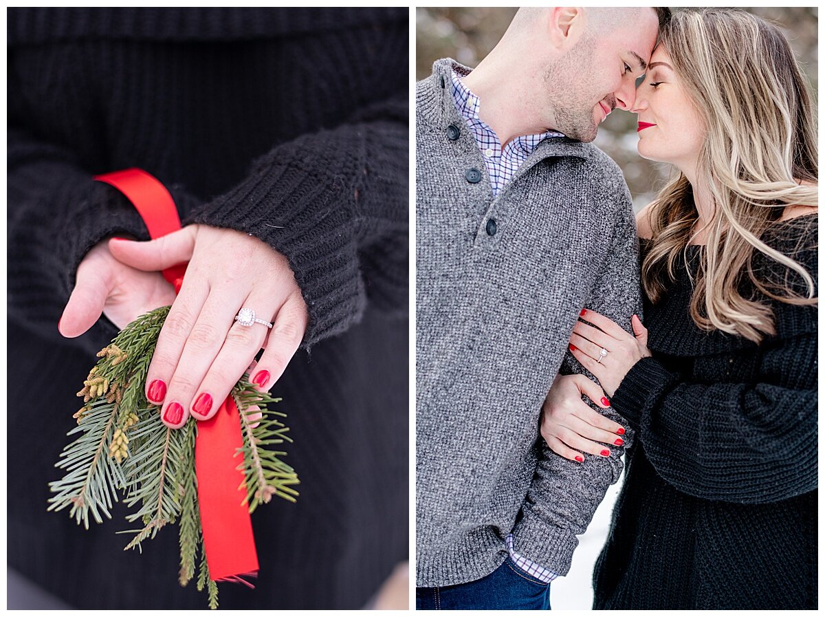 bride to be holding a mistletoe with her engagement ring