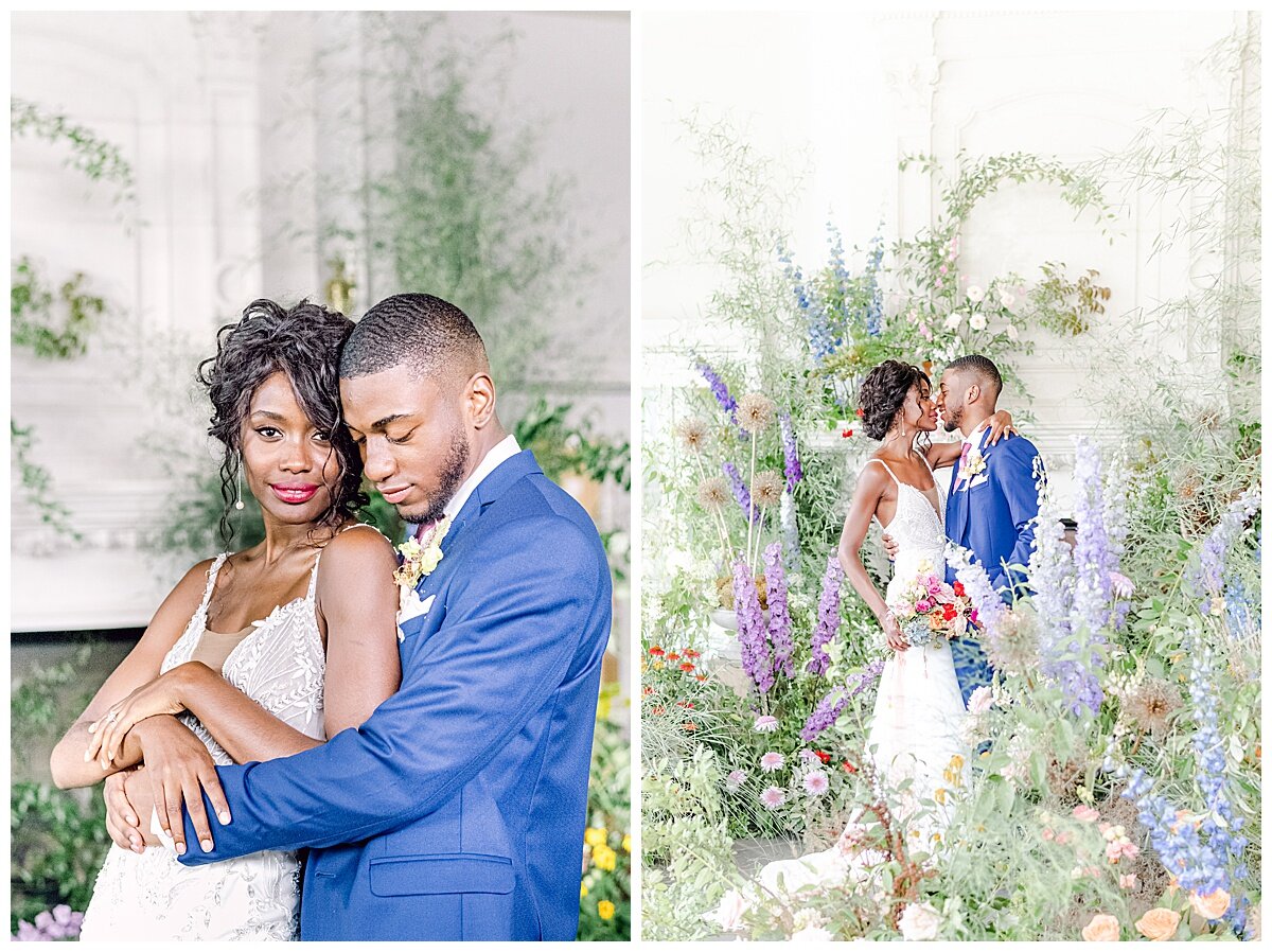 beautiful married couple in a garden of flowers