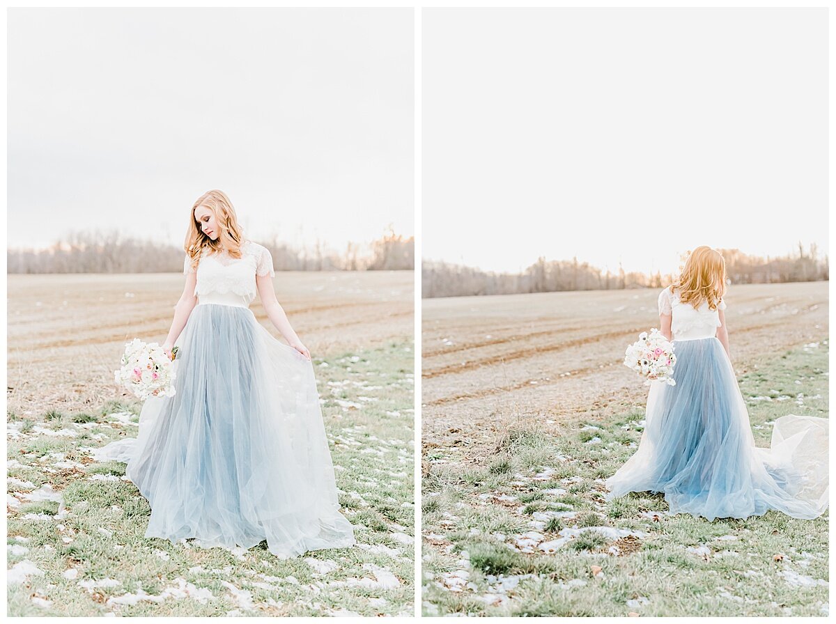 bridesmaid portrait in a beautiful open field with a pretty bouquet