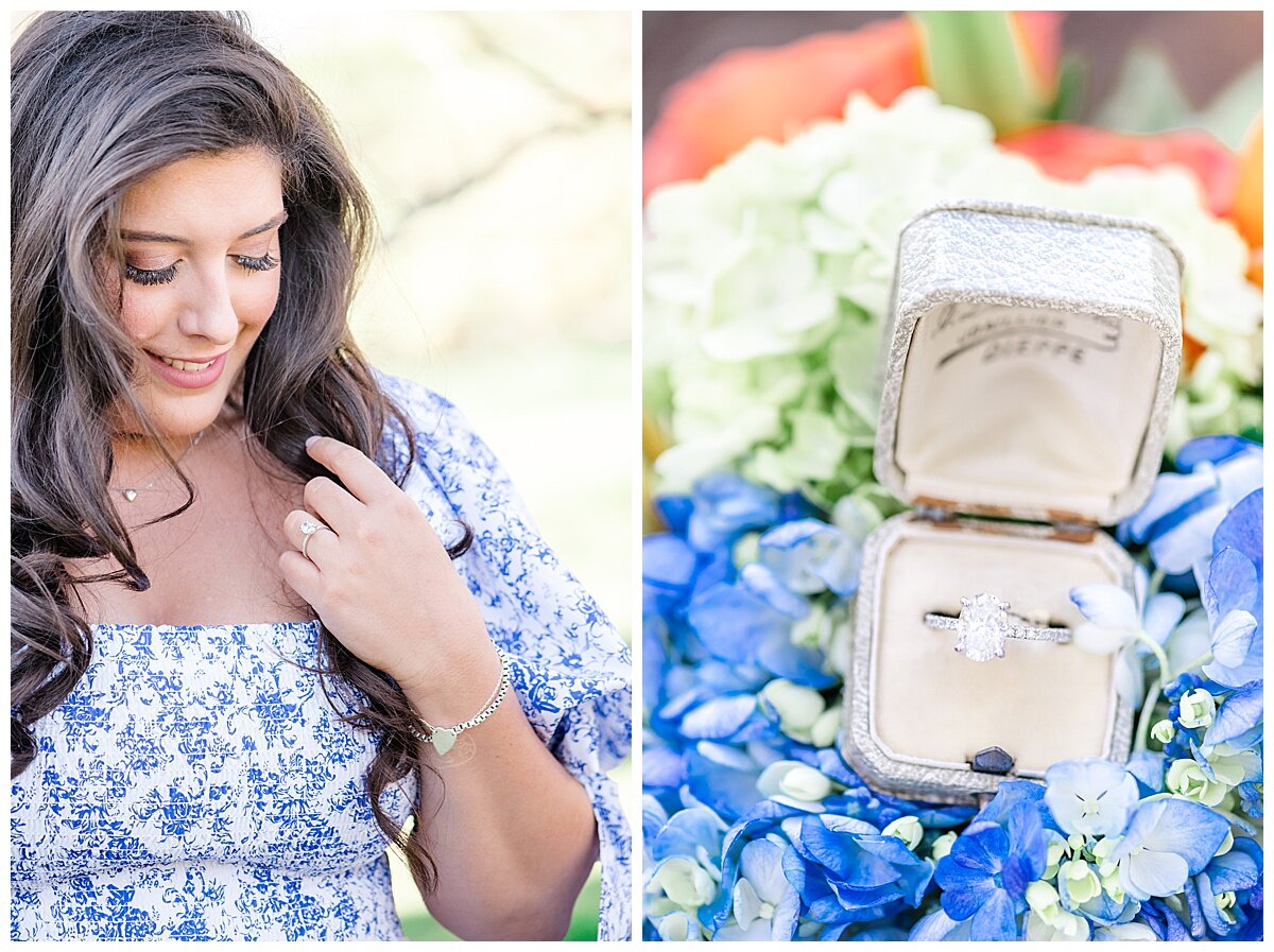bride to be and her engagement ring in an antique box