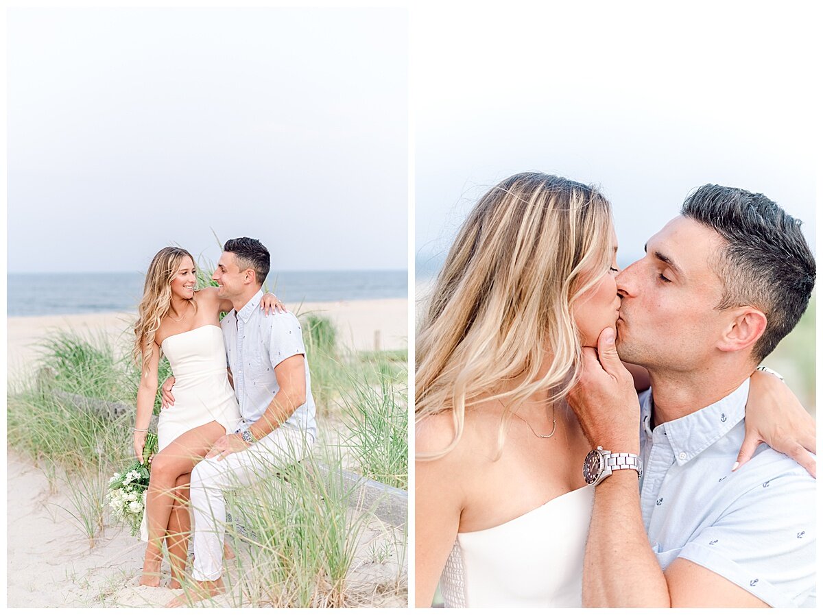 engaged couple kissing on the dunes at the beach