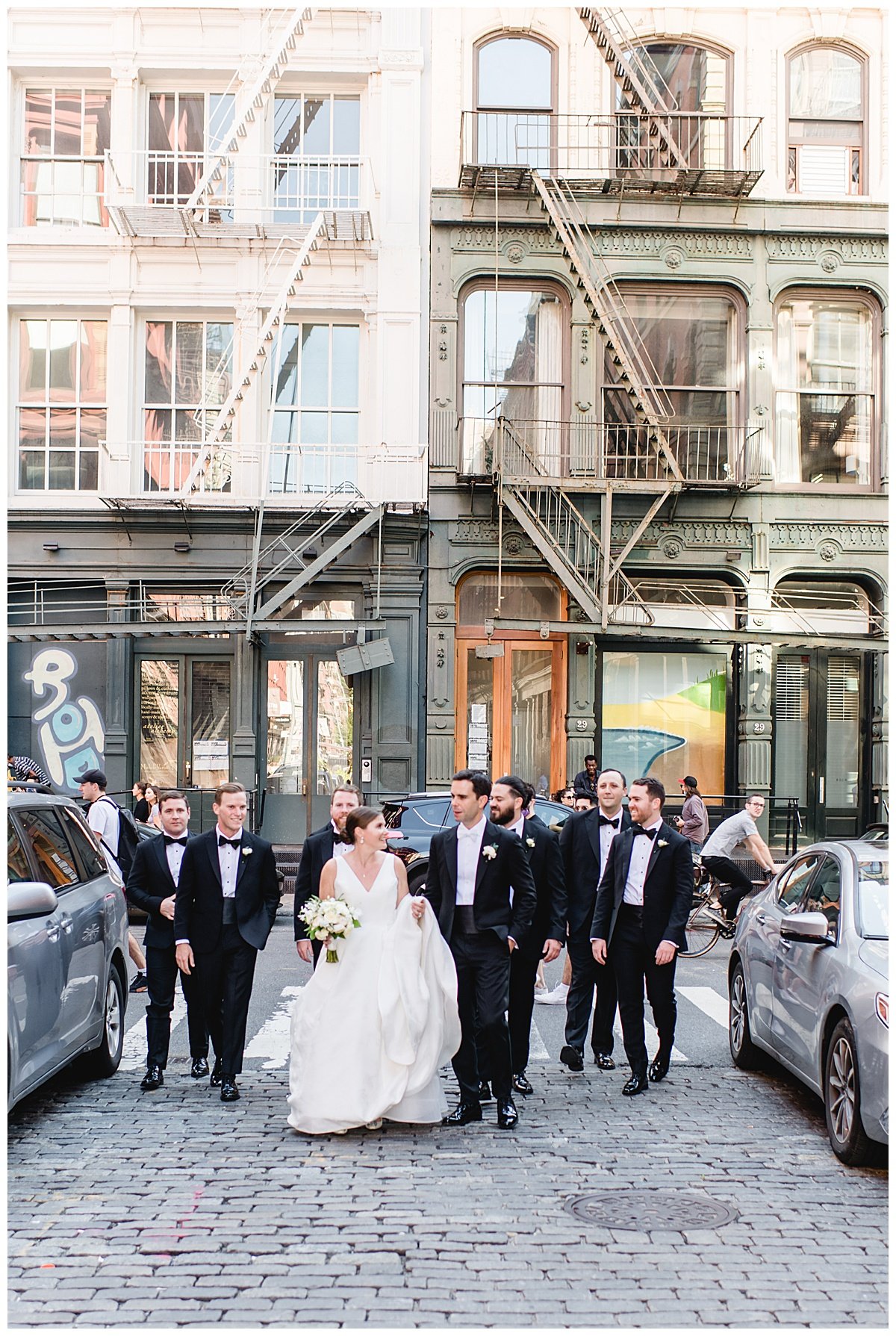 bride and groomsmen walking in brooklyn