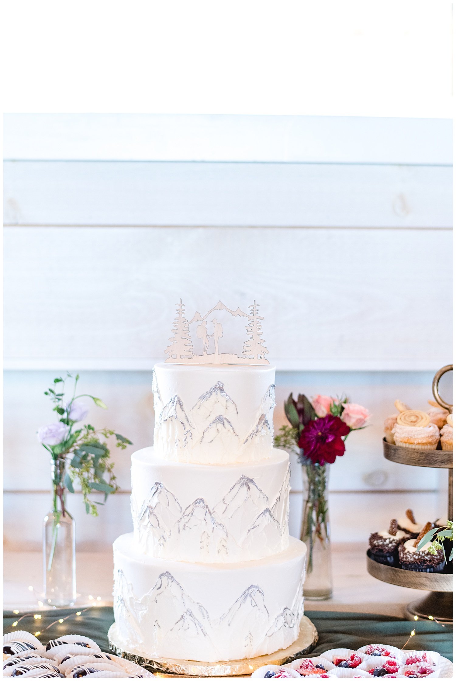 wedding cake with mountains designed on it