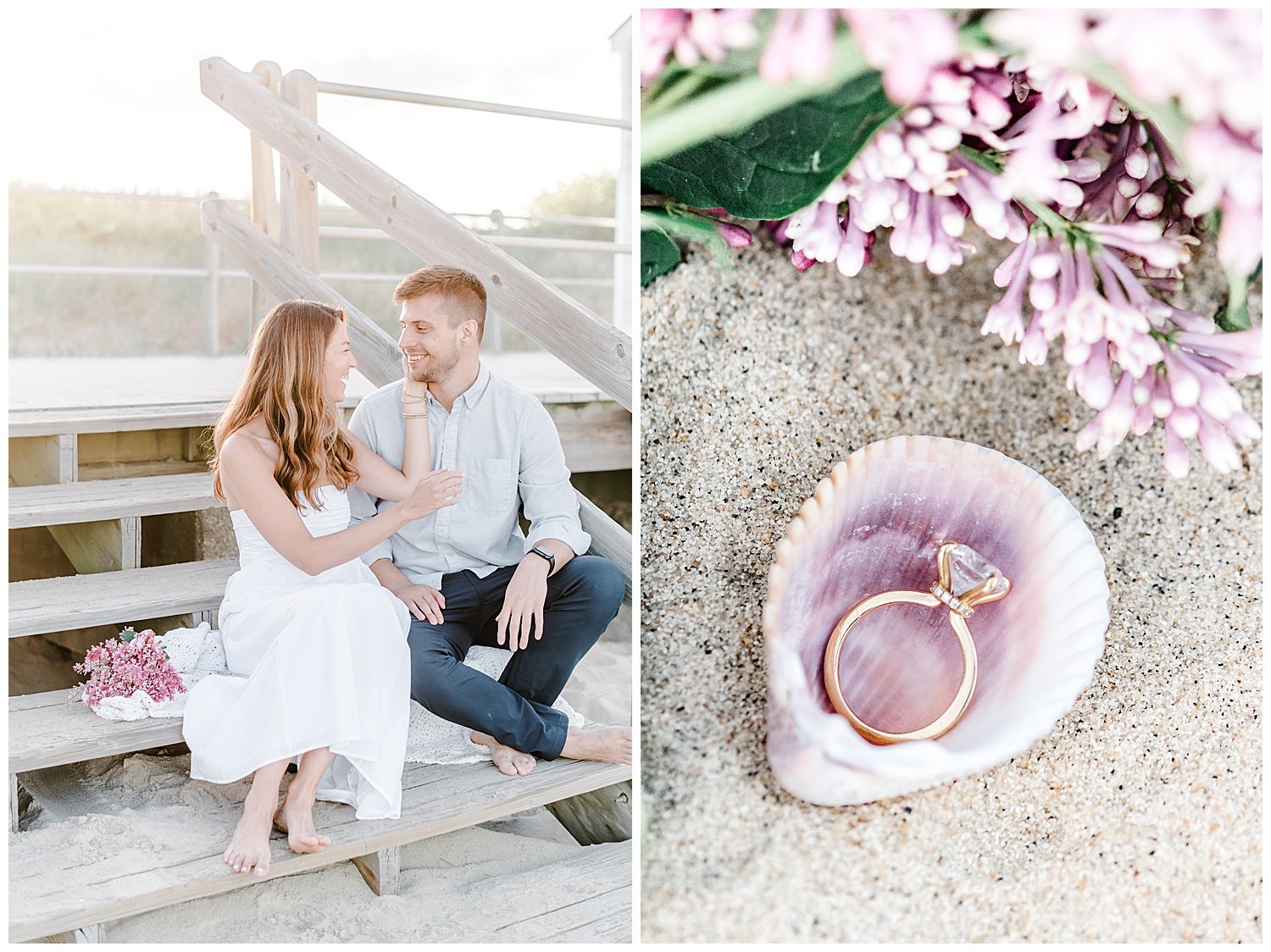 pretty engagement ring in the sand in a shell with flowers