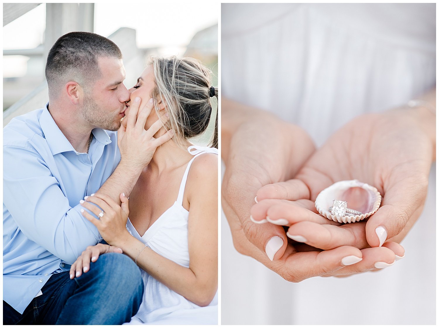 woman holding engagement ring in a shell