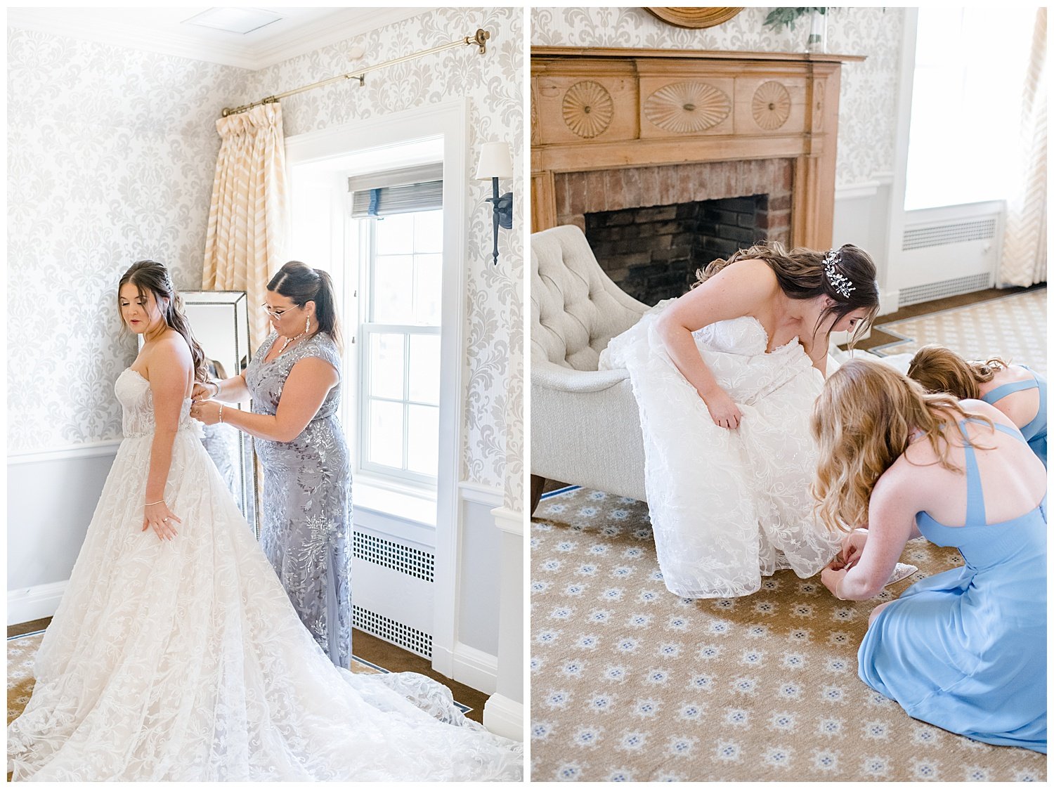 bride and mom getting ready in bridal suite