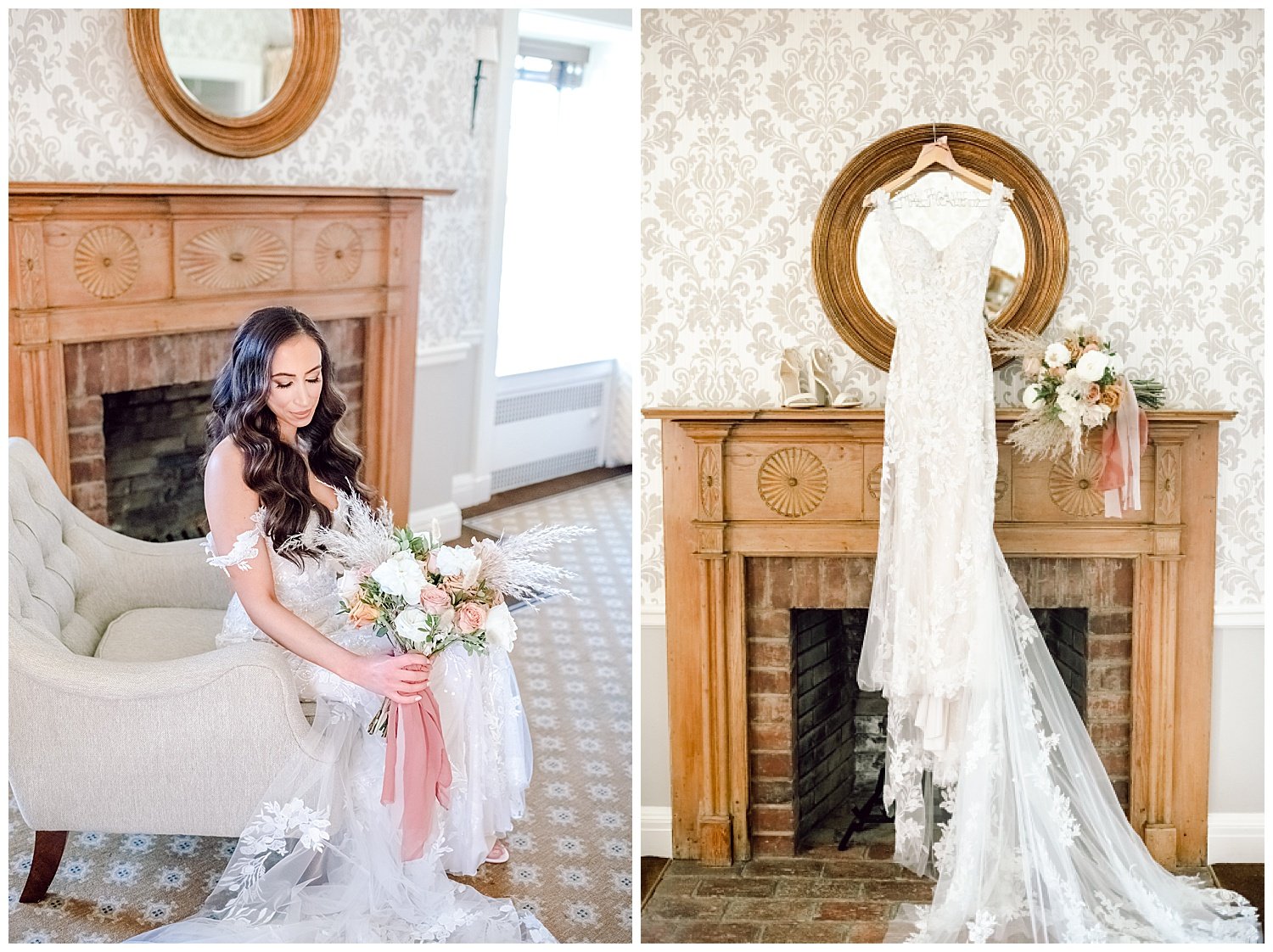 bridal gown hanging over a fireplace