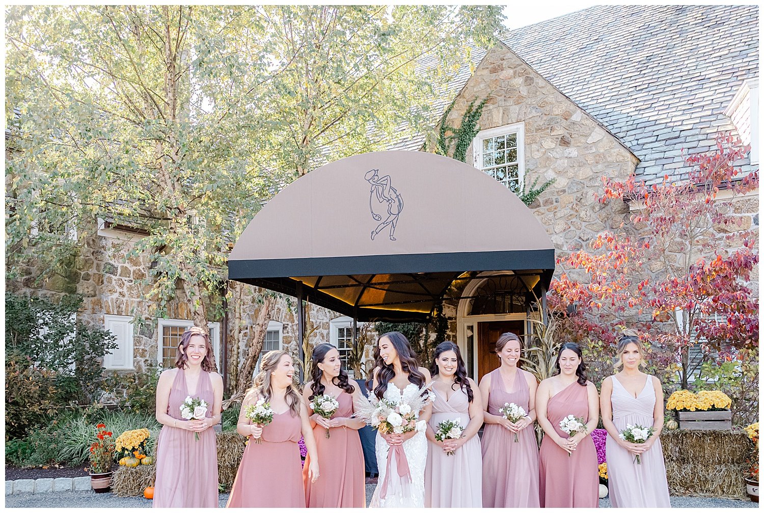 bride and bridesmaids talking and walking