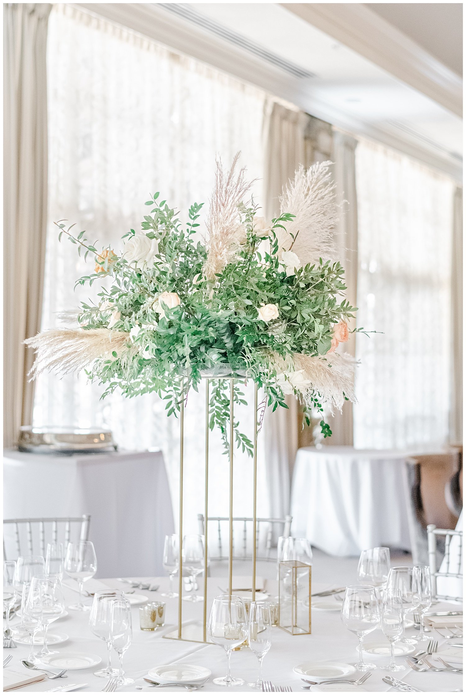 flower arrangement on a table at a wedding venue