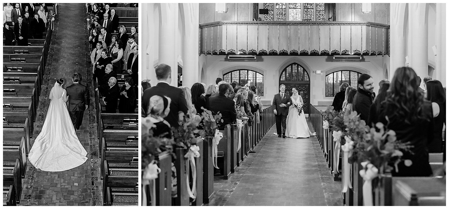 bride walking down aisle in church with dad