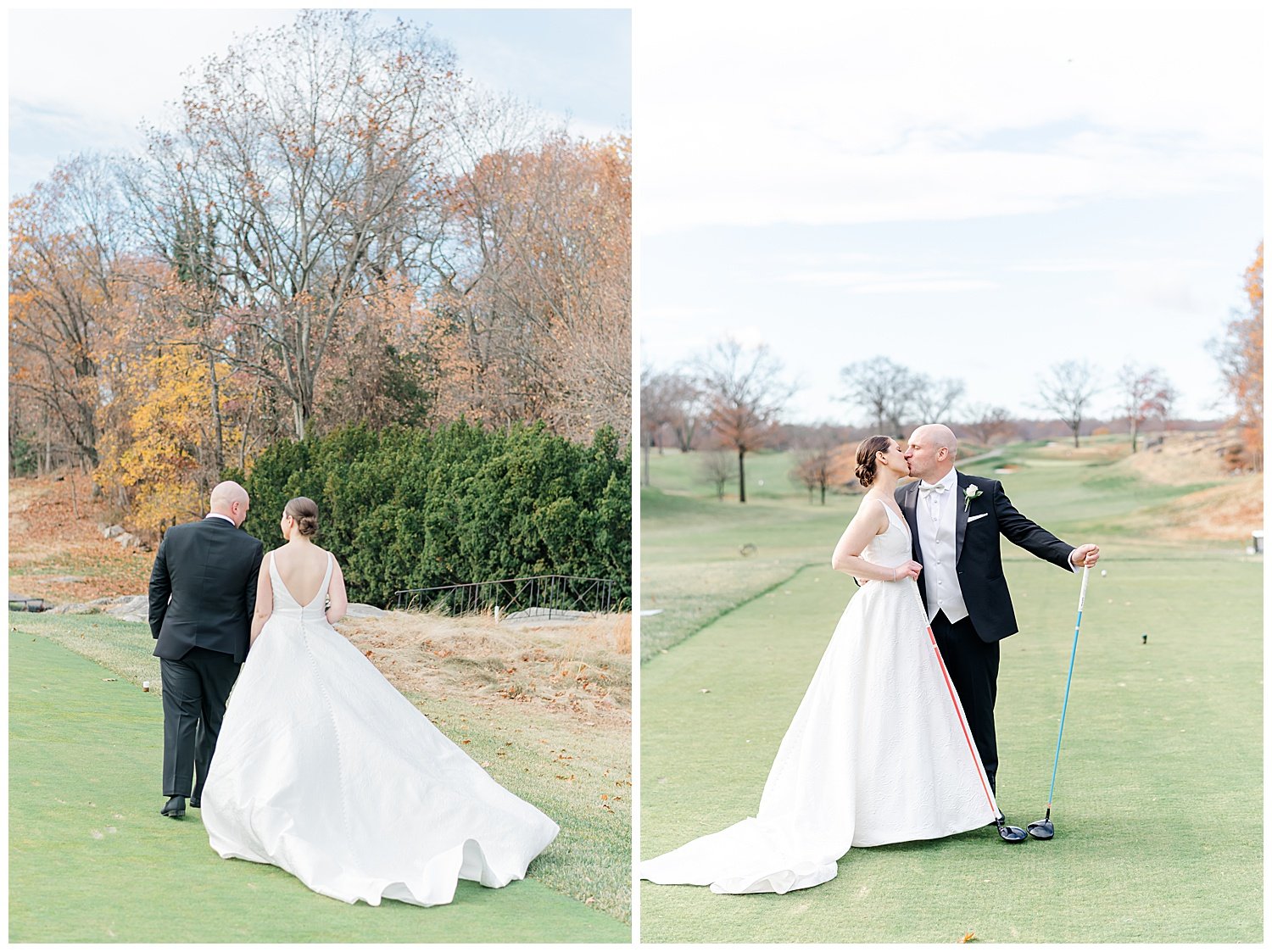 bride and groom portraits on golf course