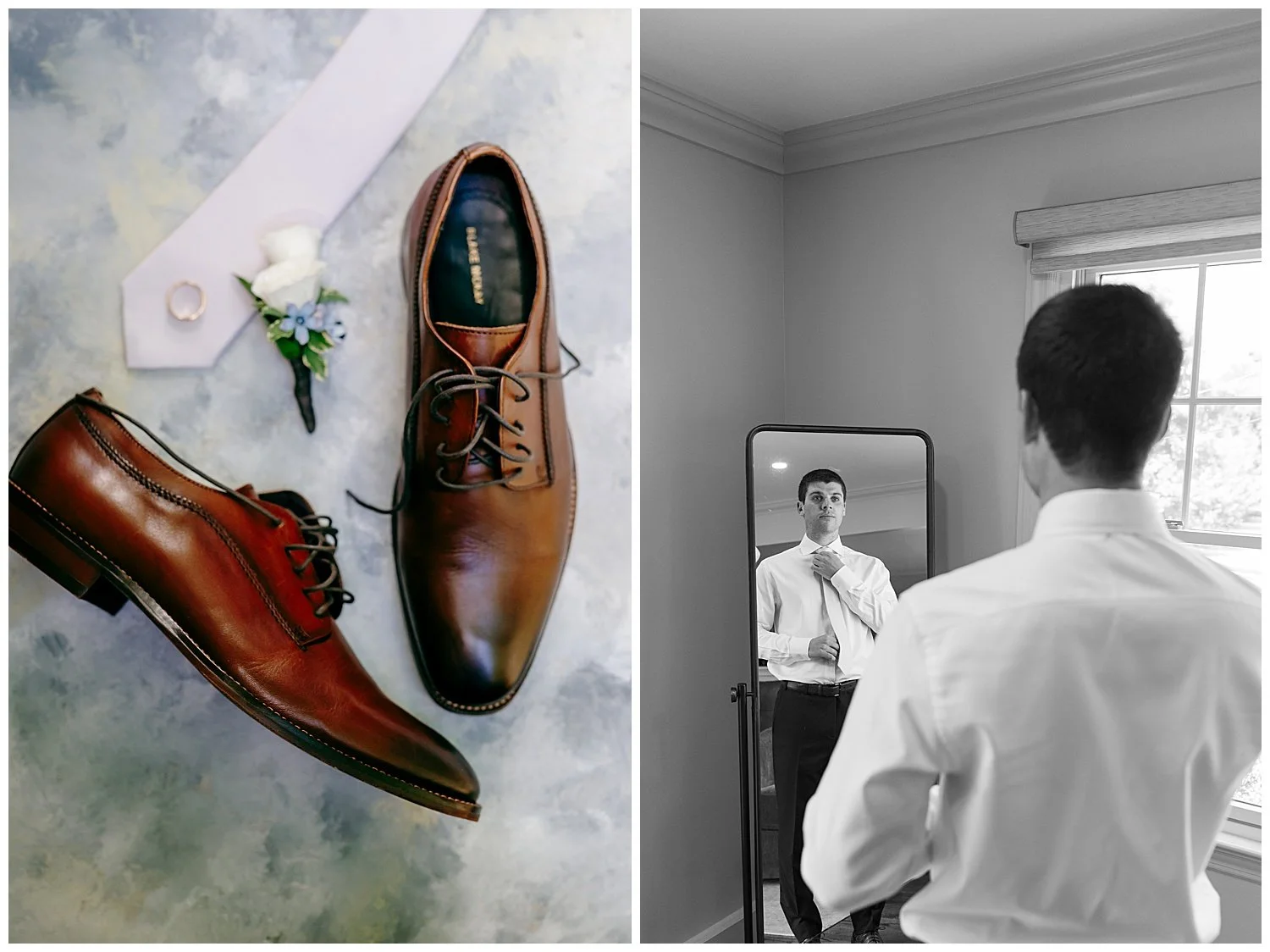 groom in the mirror adjusting his tie