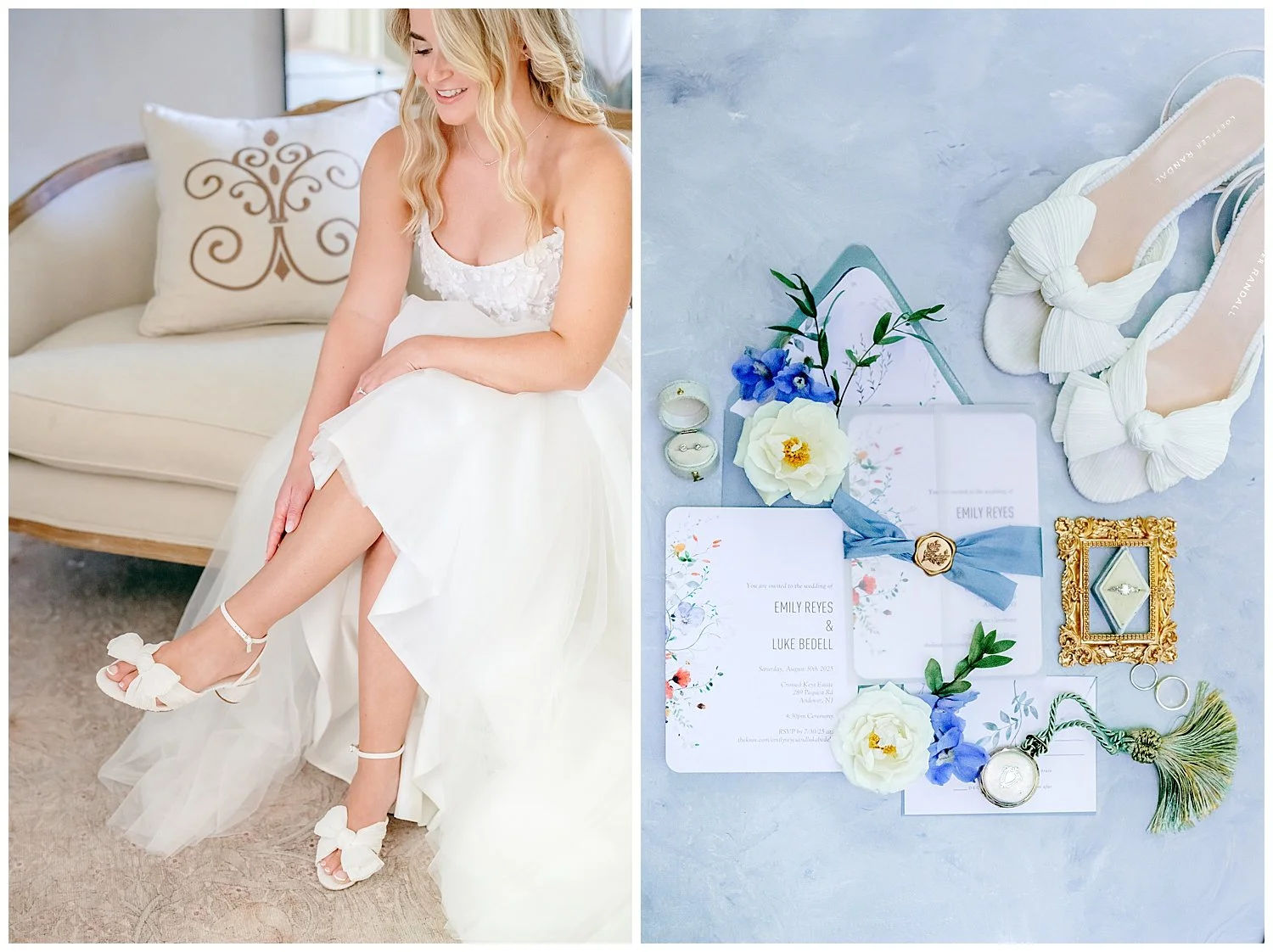 bride putting on her wedding shoes