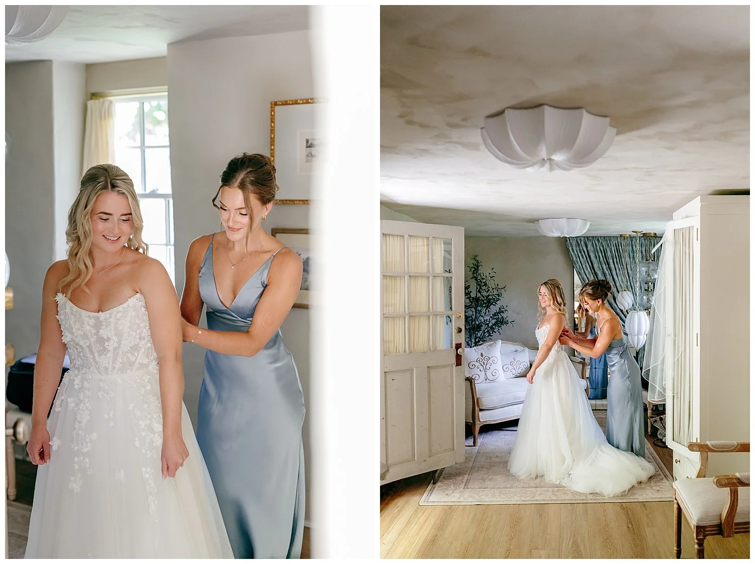 maid of honor helping bride into her dress