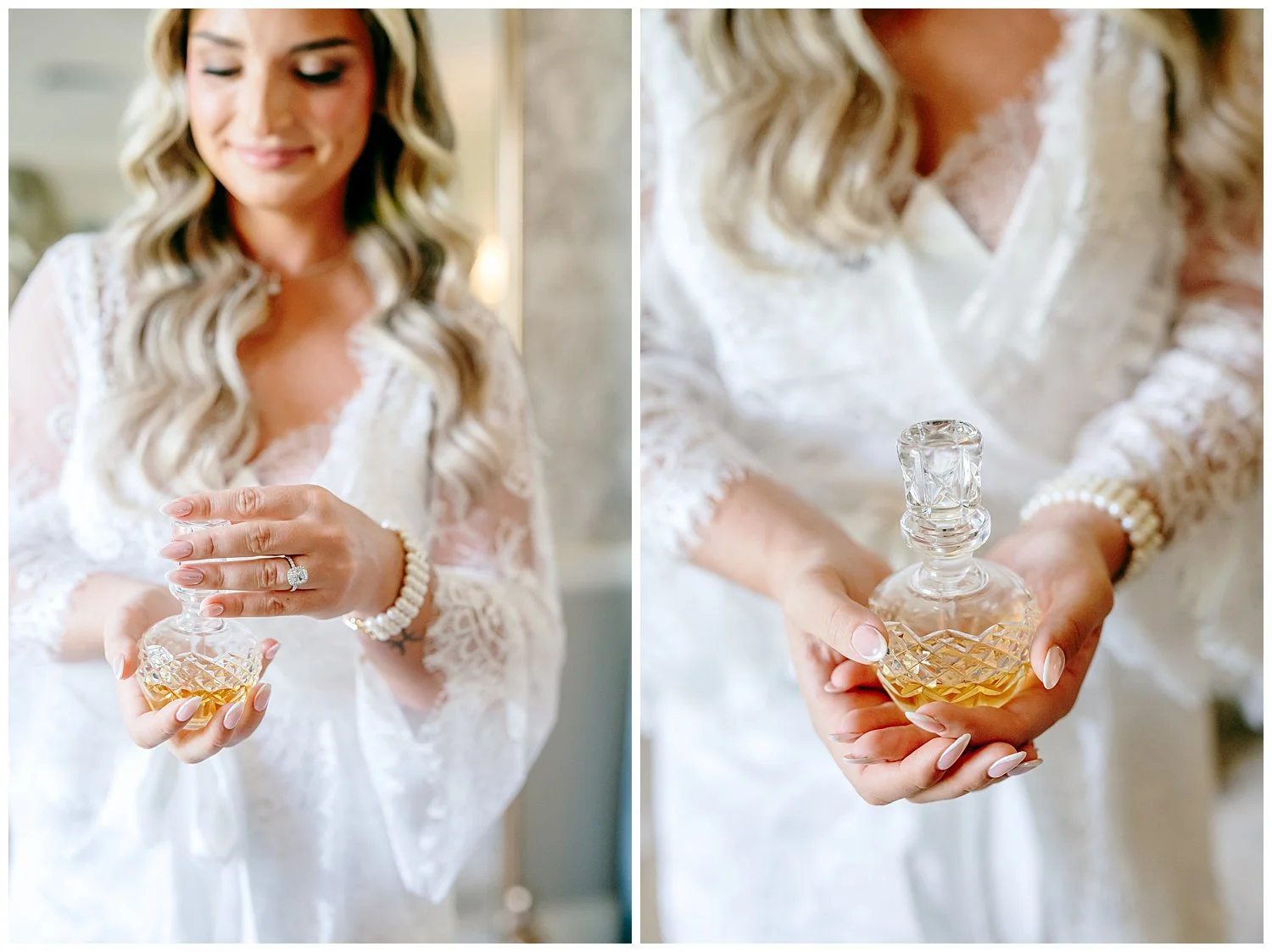 bride putting on perfume in bridal suite