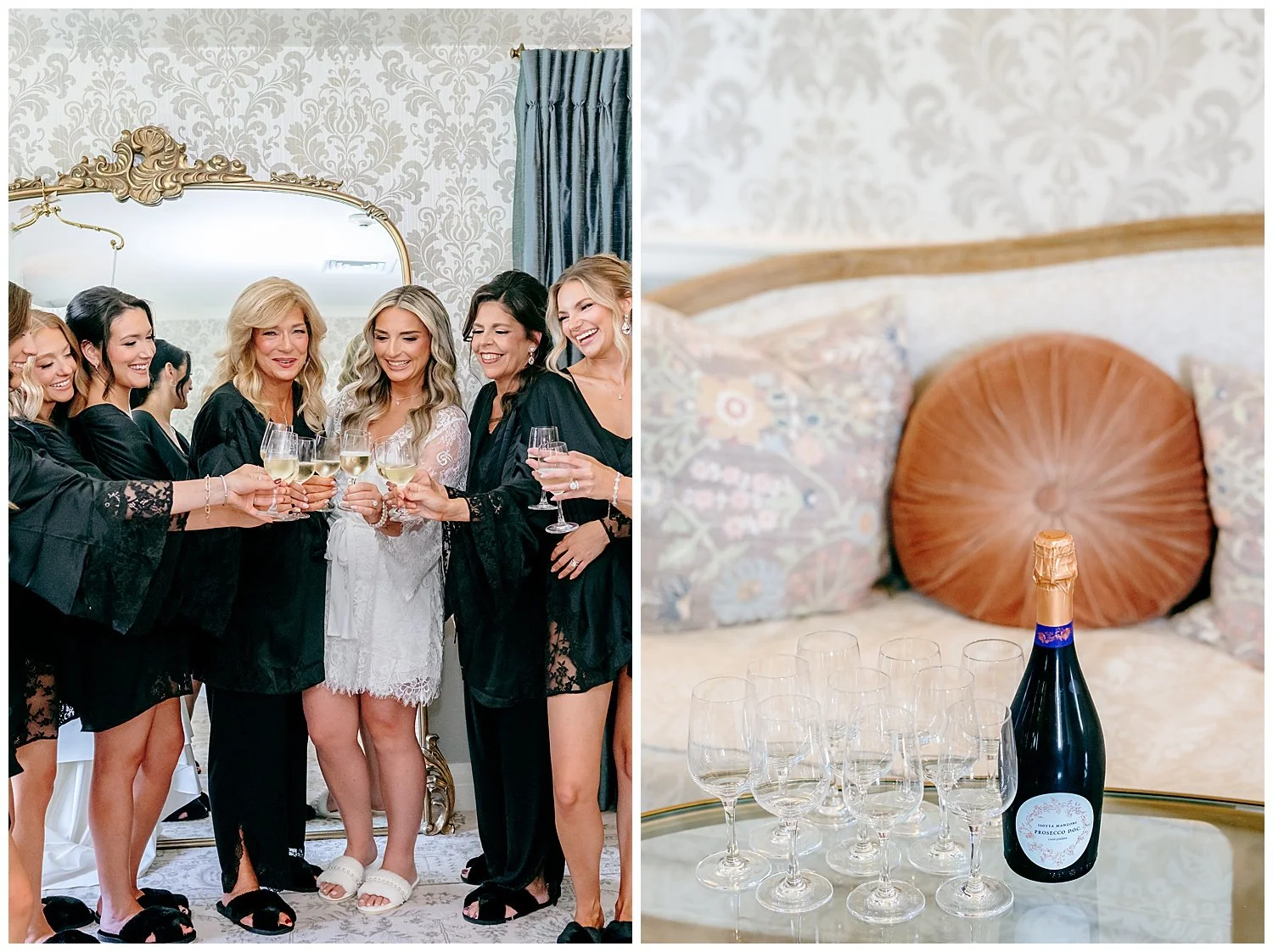 bride and bridesmaids having a champagne toast
