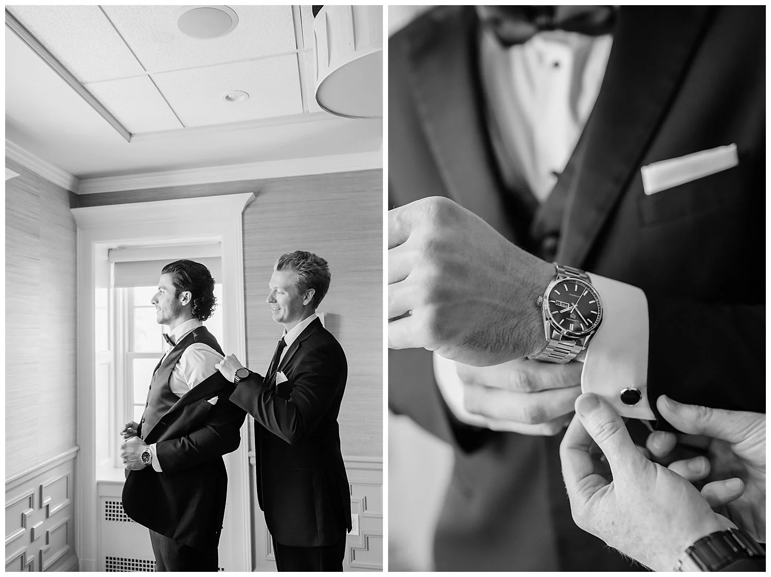 best man helping groom get into his tux